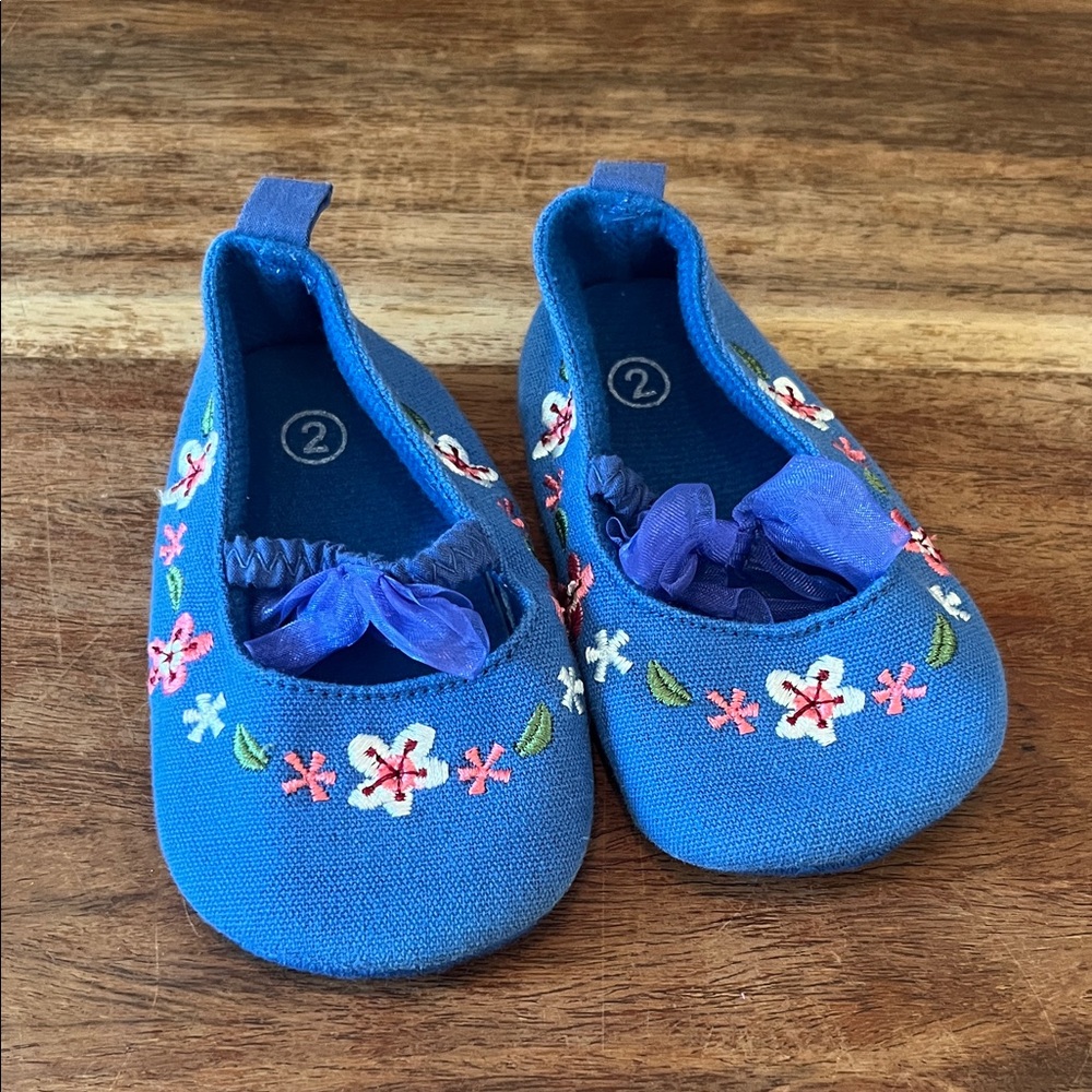 Floral Embroidered Blue Kids Shoes
